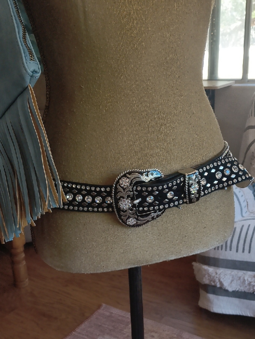 Black Western Faux Leather Studded Belt with Silver Buckle